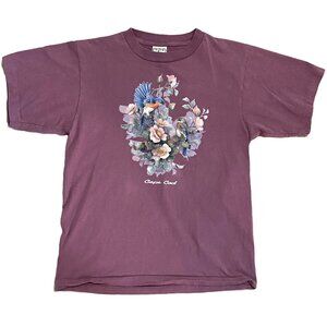 Vintage Graphic T-Shirt Floral Bird Design Purple Cottagecore 100% Cotton Boxy